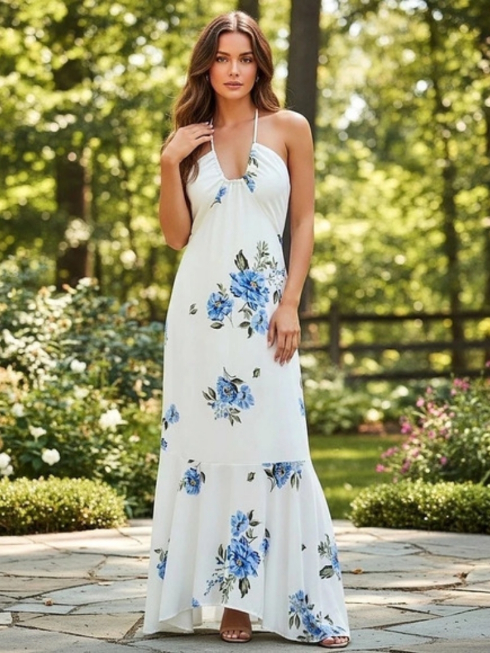 Halter Dress Maxi Dress in White & Blue Floral Design